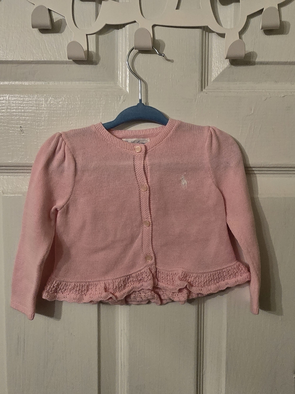 Ralph Lauren Light Pink Knit Cardigan with Ruffle Hem